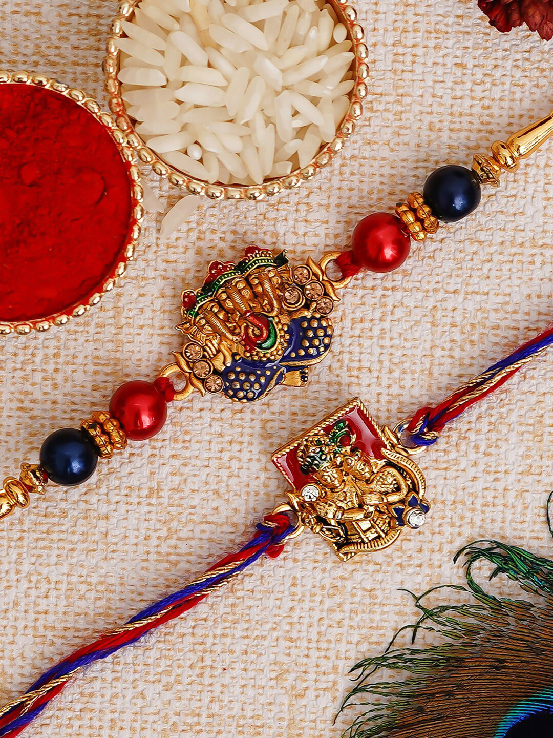 

eCraftIndia Multicoloured Pack of 2 Rakhis & Roli Chawal, Multi