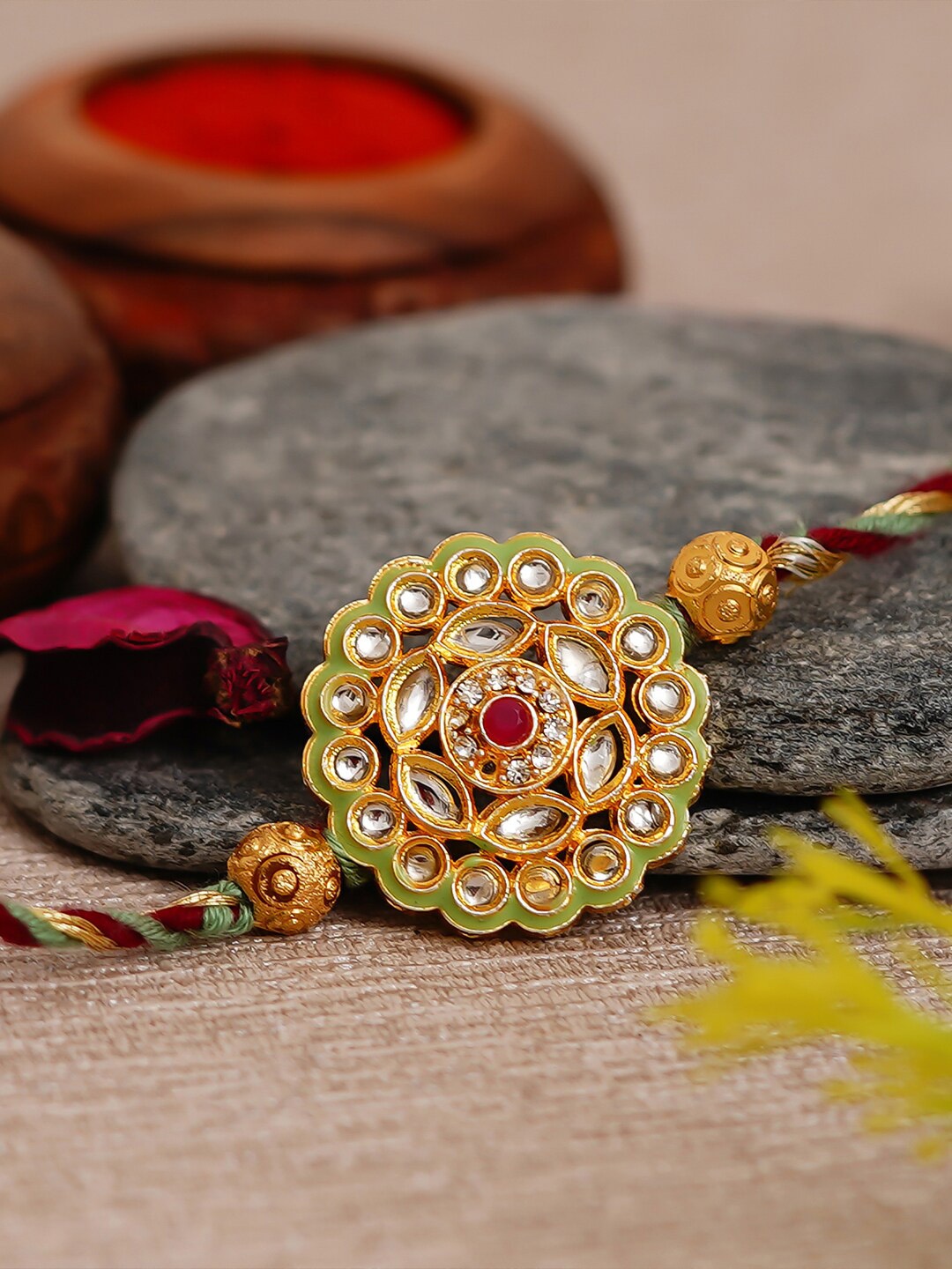 

eCraftIndia Green Floral Stone Studded Rakhi Set
