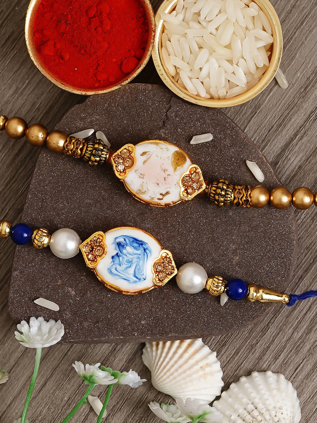 

eCraftIndia Set of 2 Blue & Orange Stone Rakhi with Roli Chawal