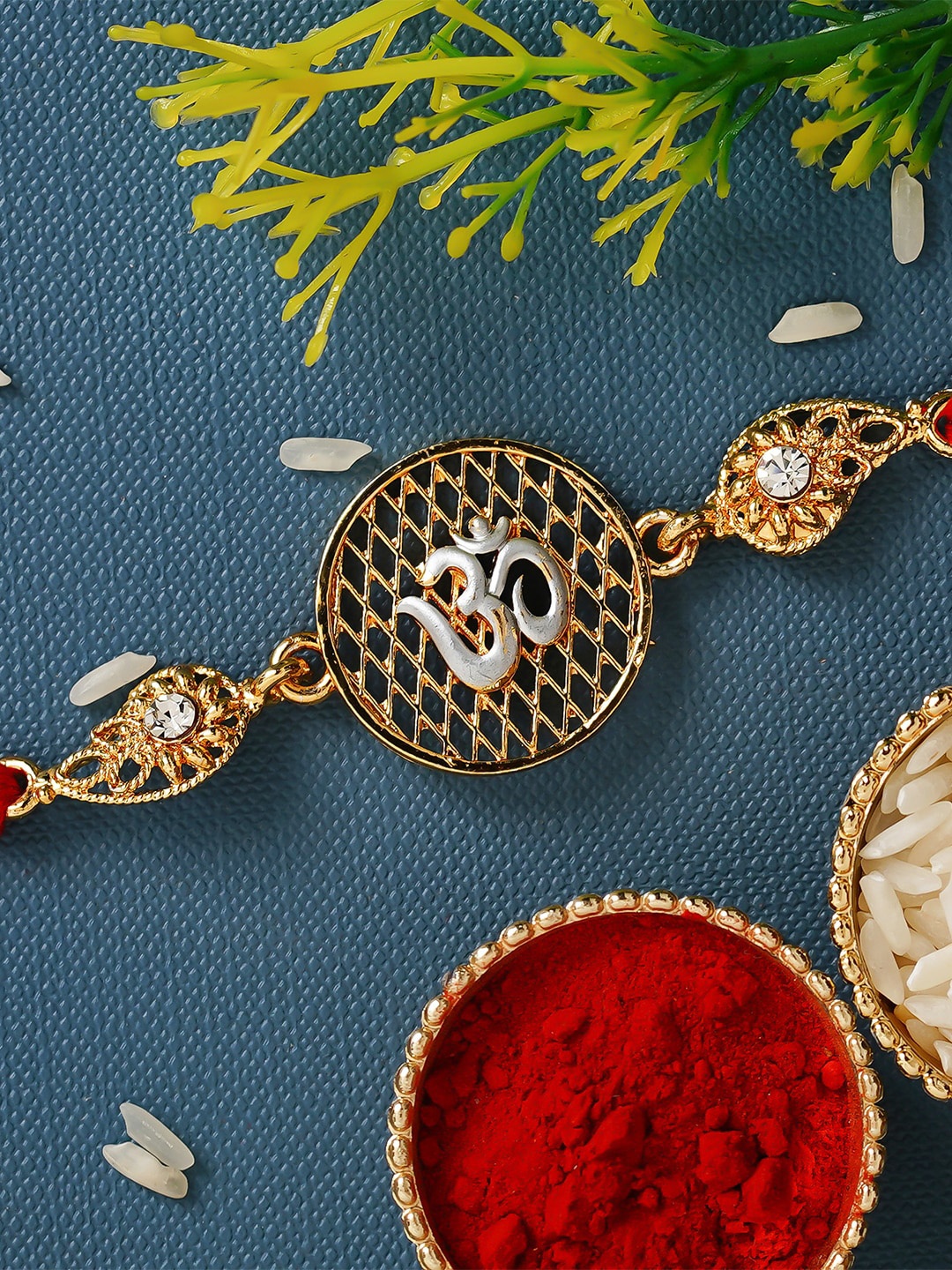

eCraftIndia Gold-Toned & Red Om Designer Rakhi and Roli Chawal Pack