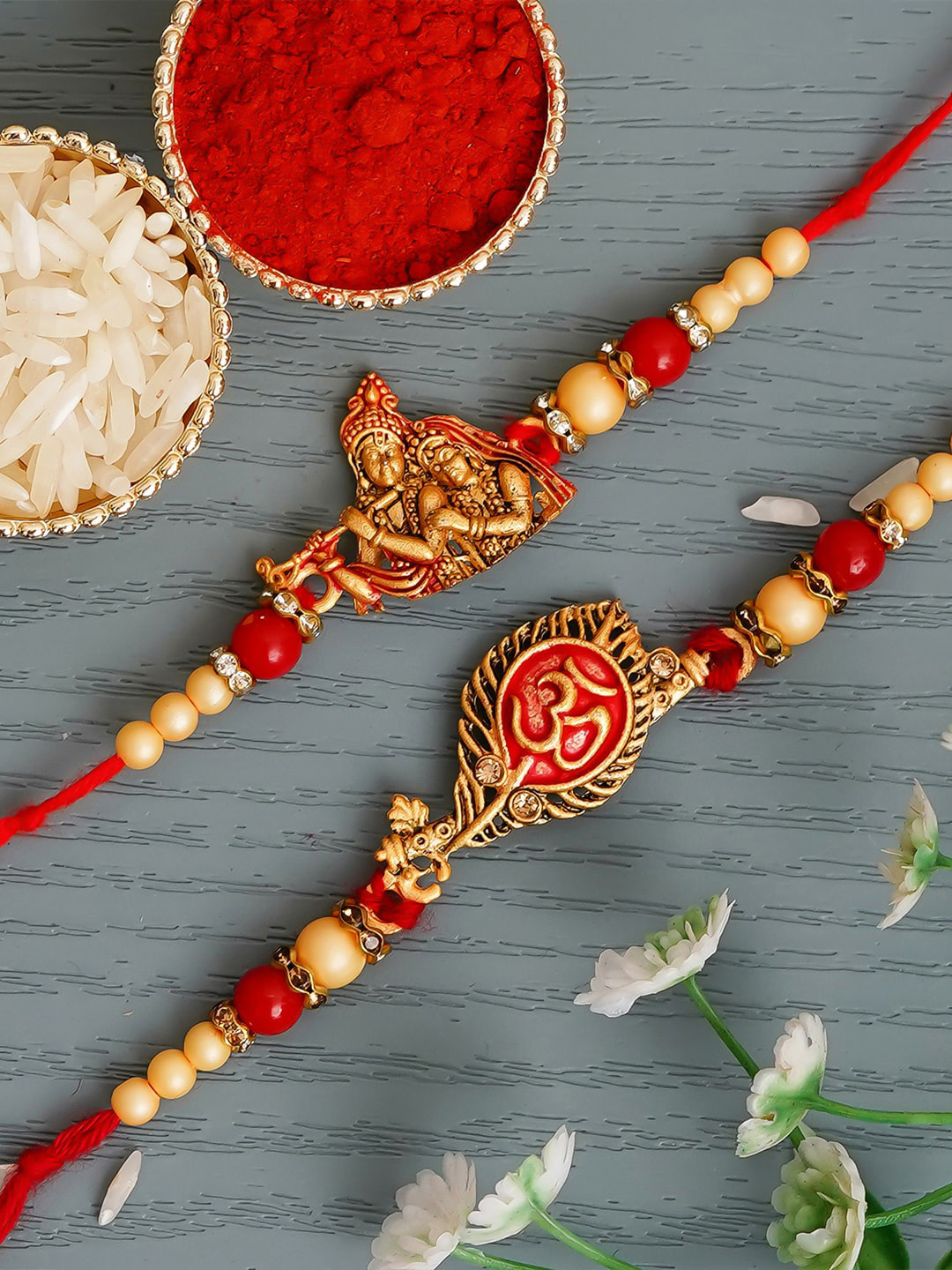 

eCraftIndia Set of 2 Radha Krishna & Om Religious Rakhi with Roli Chawal, Multi