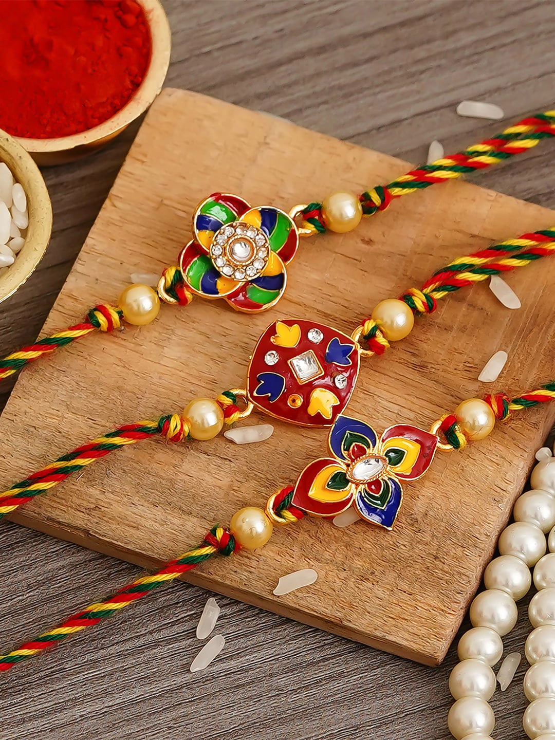 

eCraftIndia 3 Pieces Multicolored Meenakari Designer Thread Rakhi Set, Multi