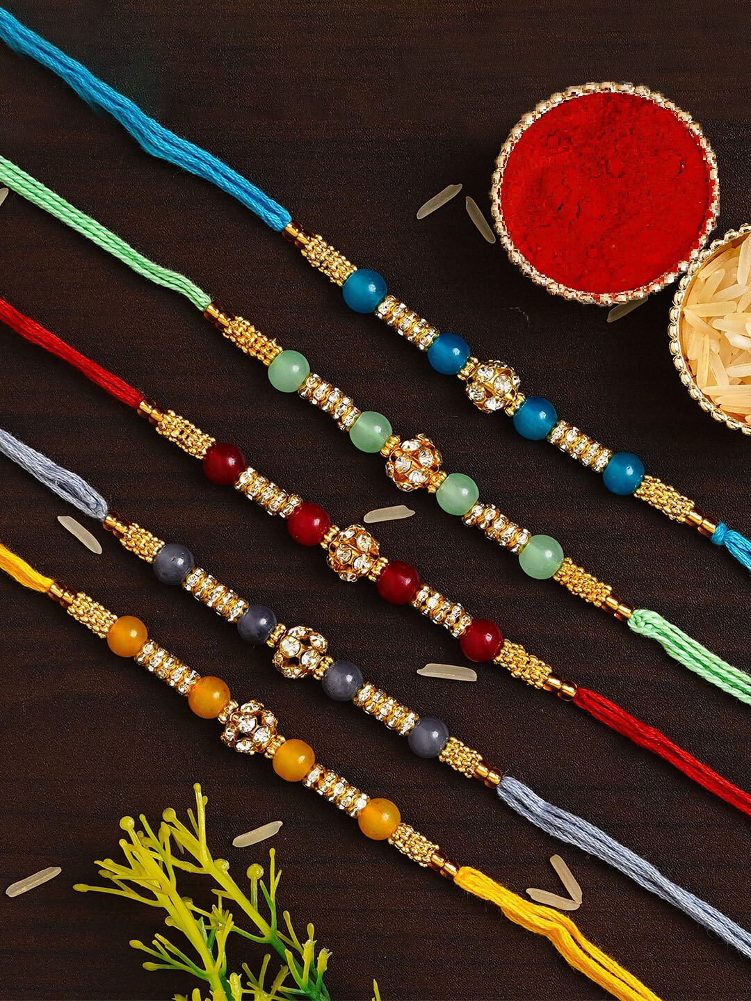eCraftIndia Pack of 5 Pearl Rakhis and Roli Chawal, Red