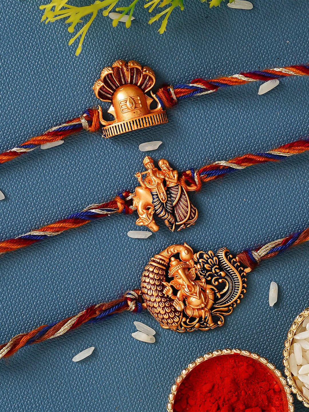 

eCraftIndia Set Of 3 Red & Gold-Toned Religious Studded Rakhis