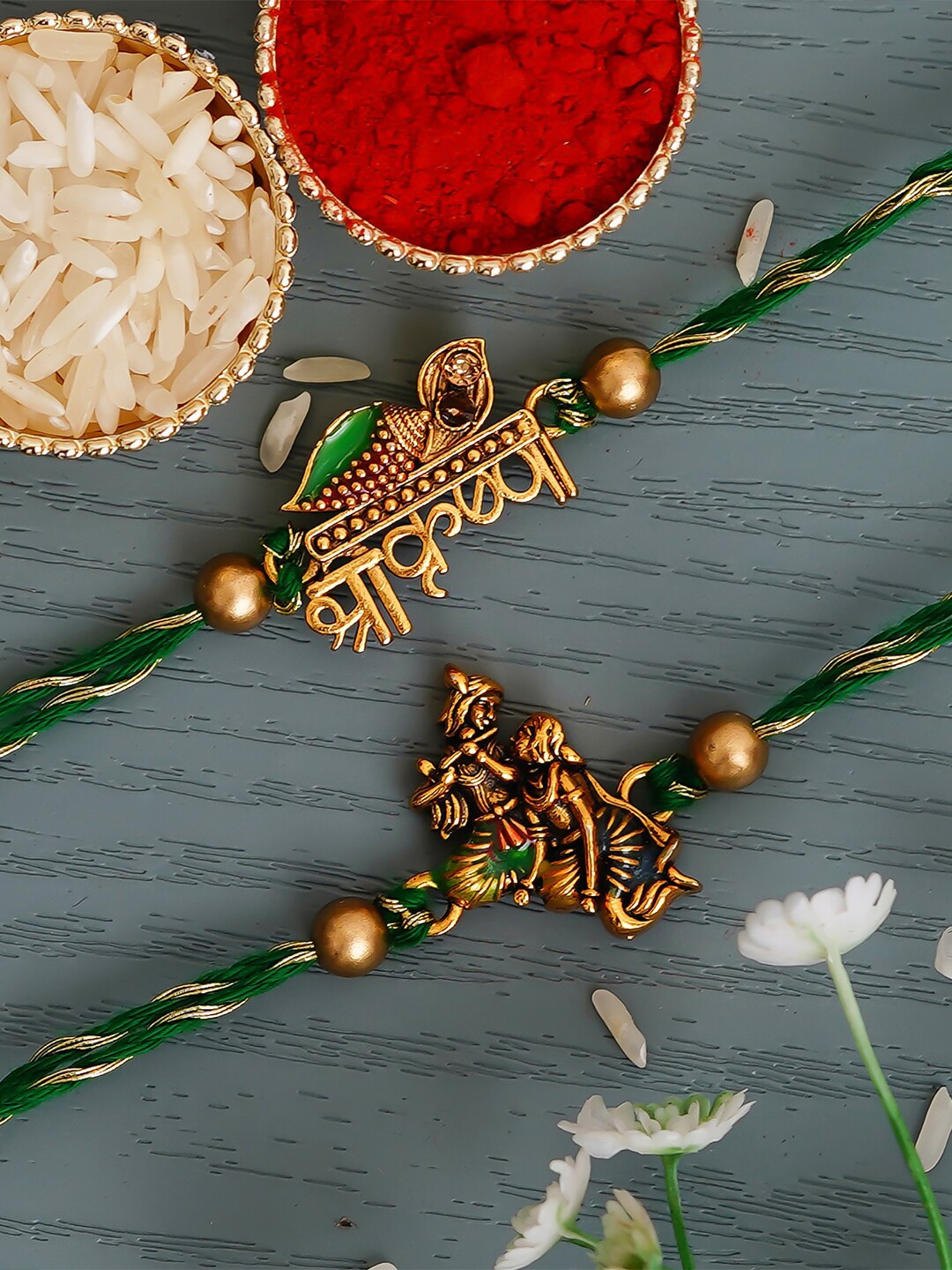 

eCraftIndia Green & Gold-Toned Lord Krishna Pack of 2 Rakhis and Roli Chawal