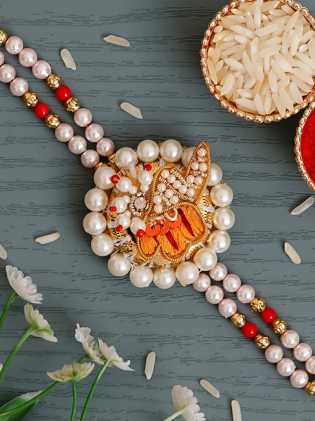 

eCraftIndia Orange & White Designer Pearl Beaded Thread Rakhi, Peach