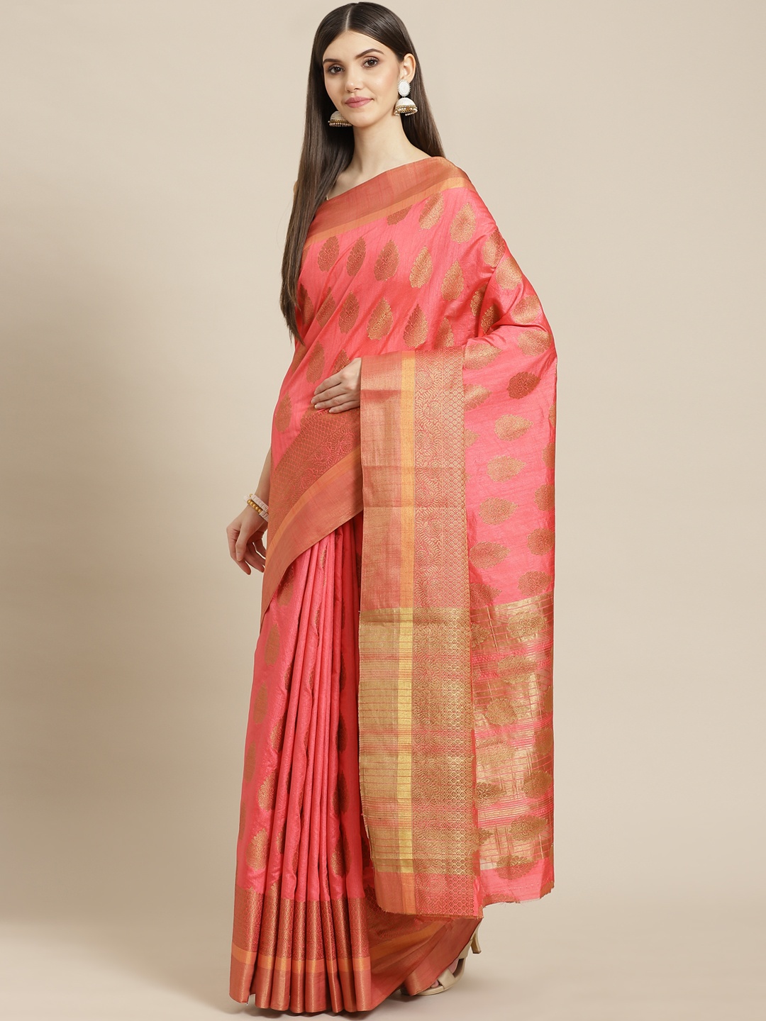 

Meena Bazaar Coral Pink Woven Design Silk Blend Saree with Blouse Piece