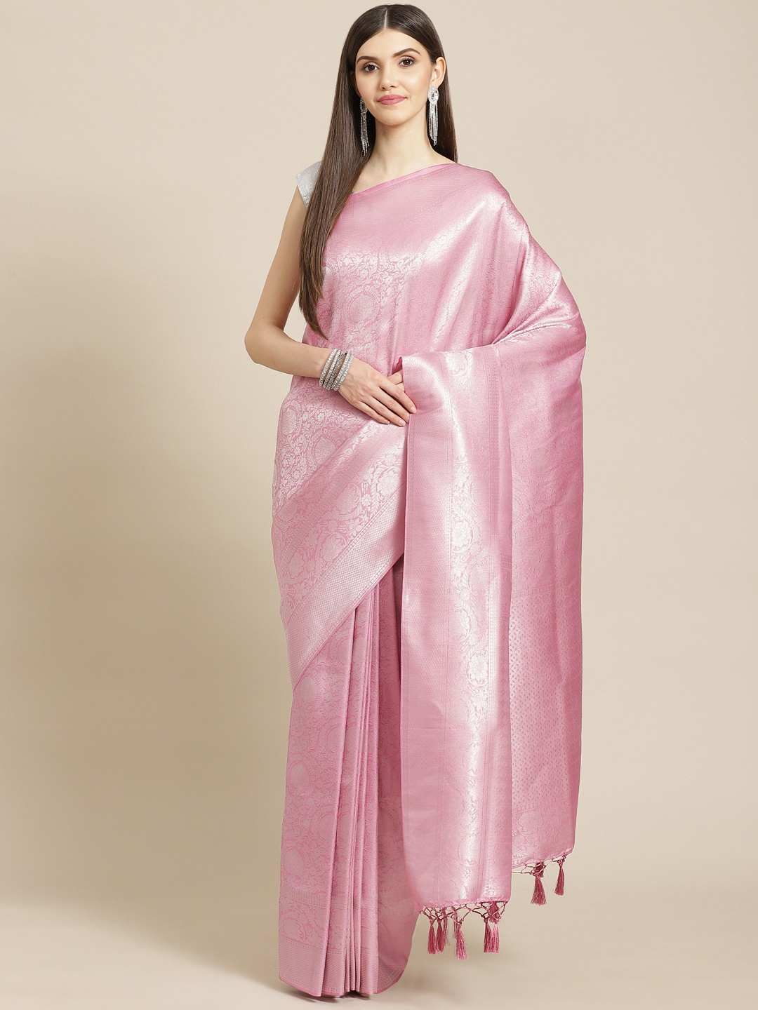 

Meena Bazaar Lavender Woven Design Silk Blend Saree with Blouse Piece
