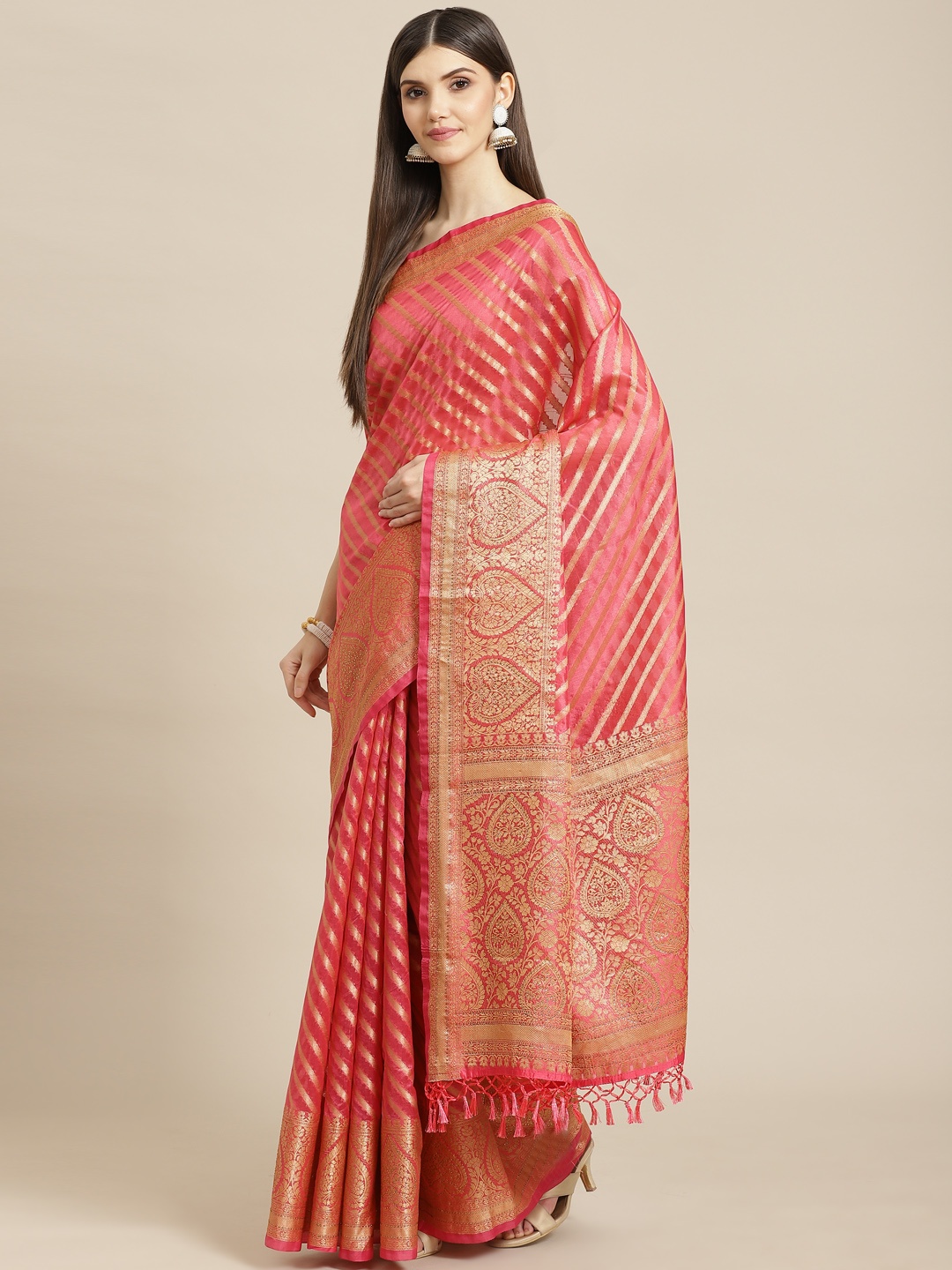 

Meena Bazaar Pink & Golden Woven Design Silk Blend Saree with Blouse Piece