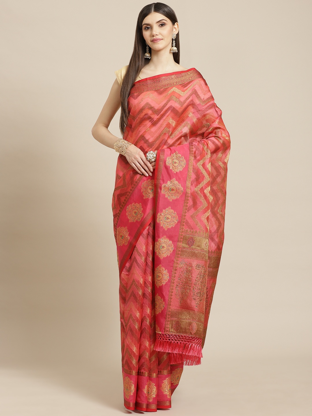 

Meena Bazaar Pink & Red Woven Design Silk Blend Saree with Blouse Piece