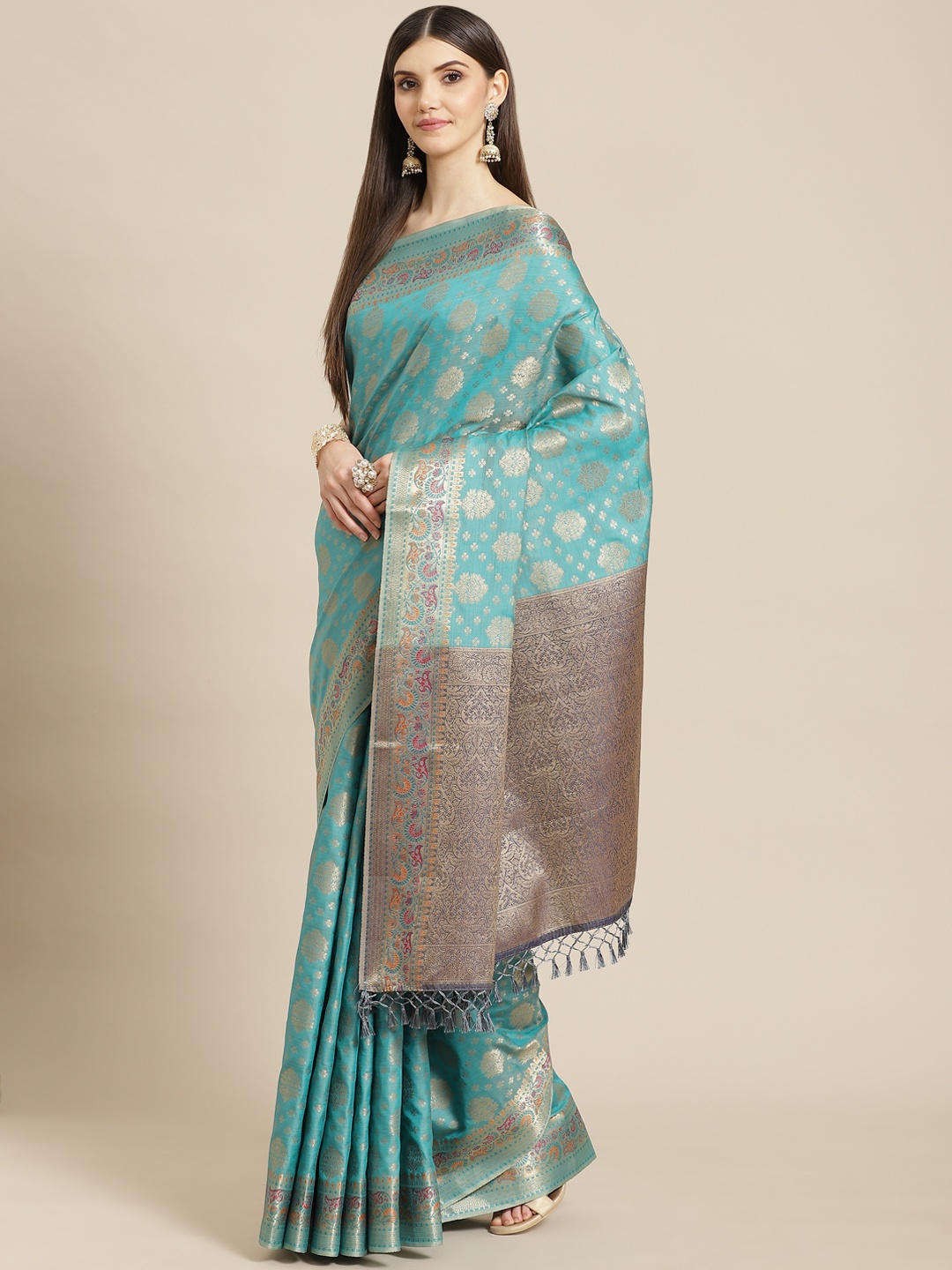 

Meena Bazaar Sea Green Woven Design Pure Cotton Saree with Blouse