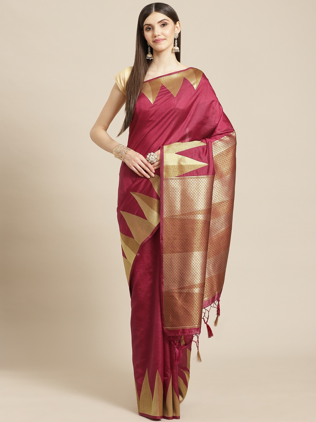 

Meena Bazaar Maroon Woven Design Silk Blend Saree with Blouse Piece