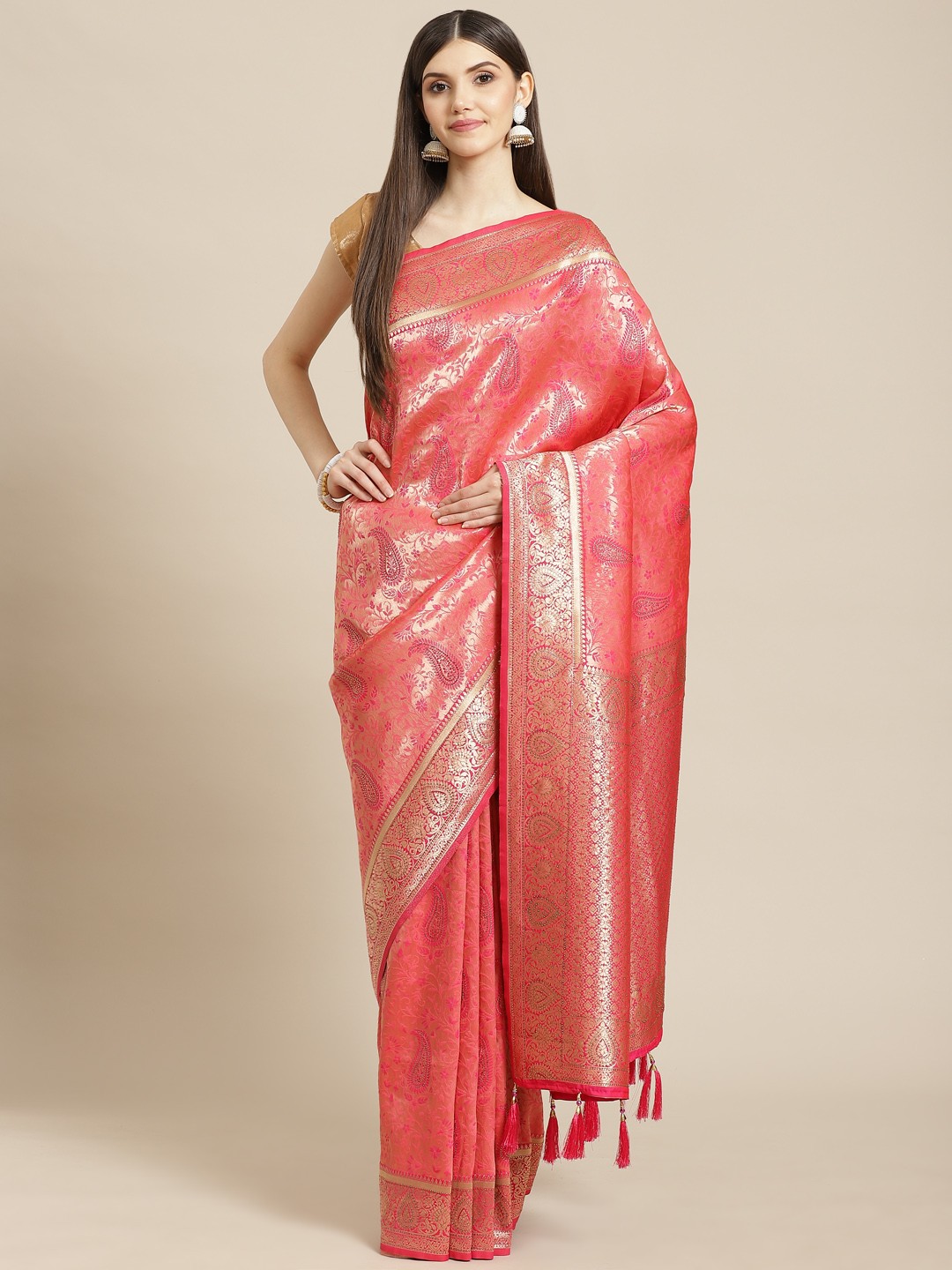 

Meena Bazaar Pink Woven Design Silk Blend Saree with Blouse Piece