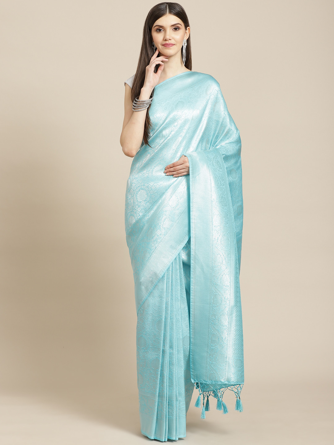 

Meena Bazaar Blue Woven Design Silk Blend Saree with Blouse Piece