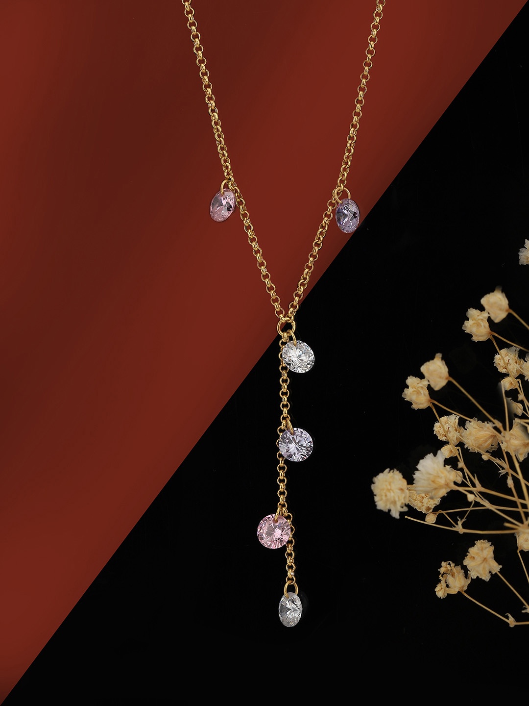 

Carlton London Gold-Plated Pink CZ Studded Handcrafted Chain