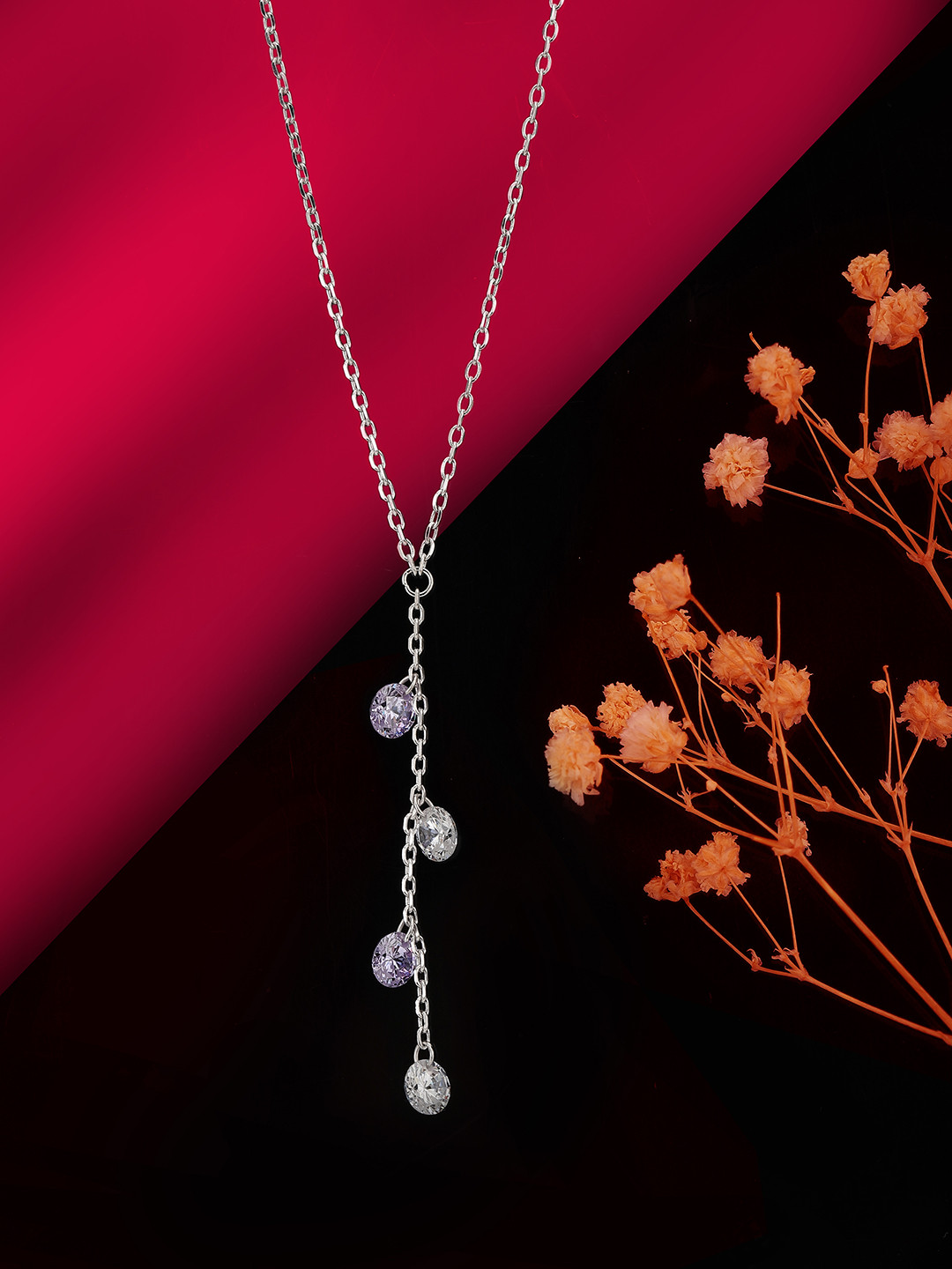 

Carlton London Silver-Toned & Lavender Rhodium-Plated CZ Studded Handcrafted Chain