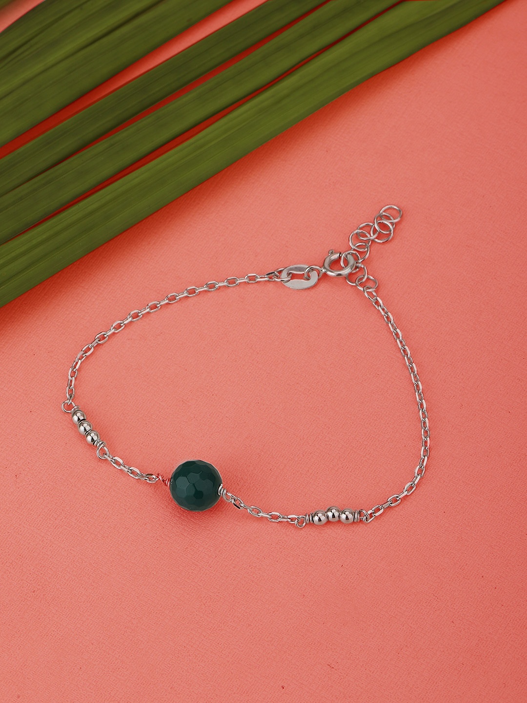 

Carlton London Silver-Toned & Green Rhodium-Plated Onyx Studded Bracelet