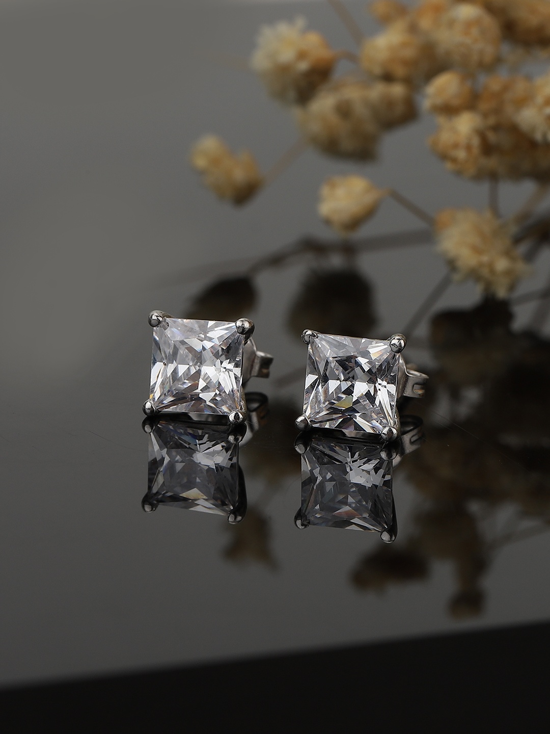 

Carlton London White Rhodium-Plated CZ Square Studs