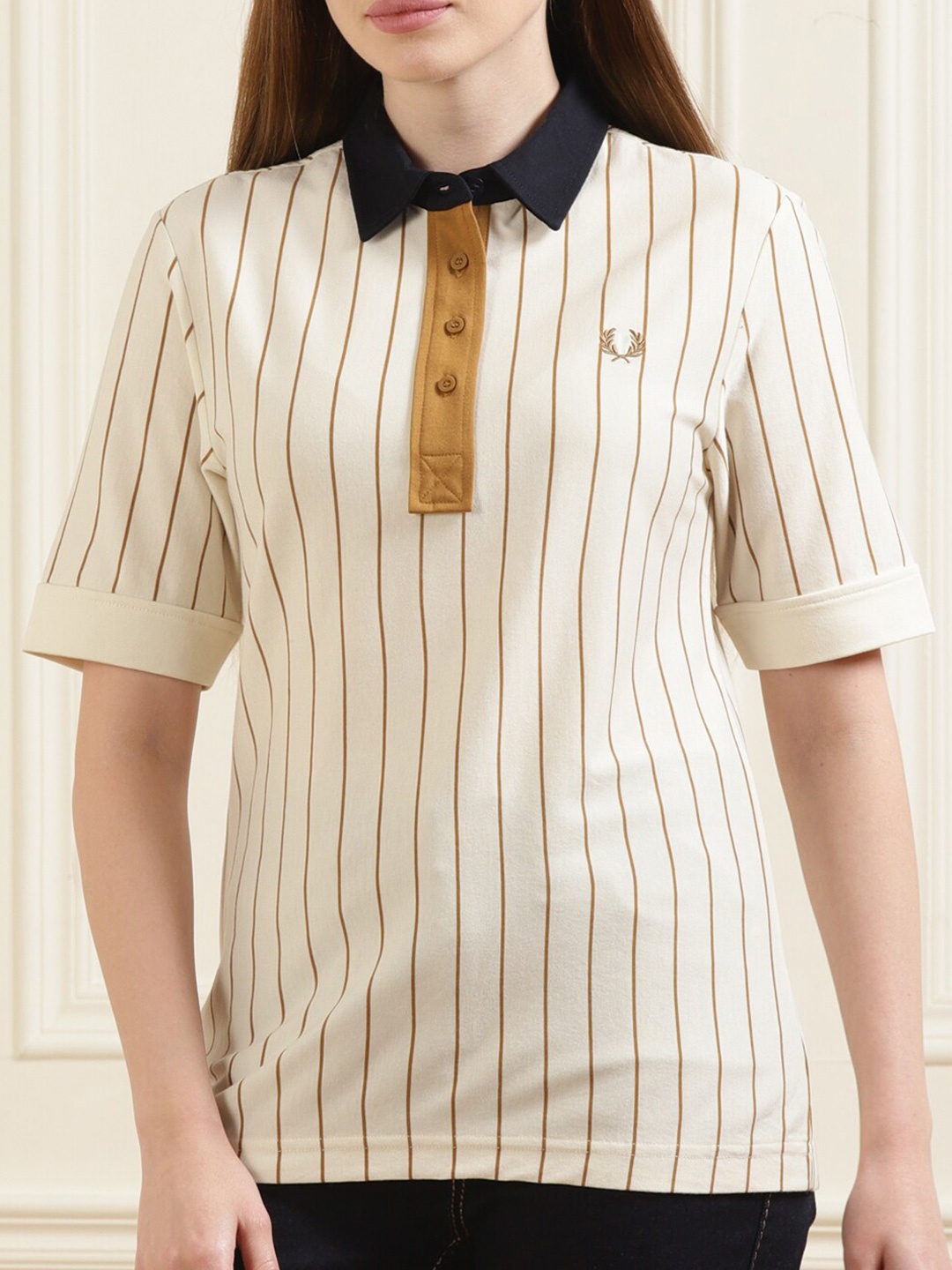 

Fred Perry Cream-Coloured & shifting sand Striped Shirt Style Top