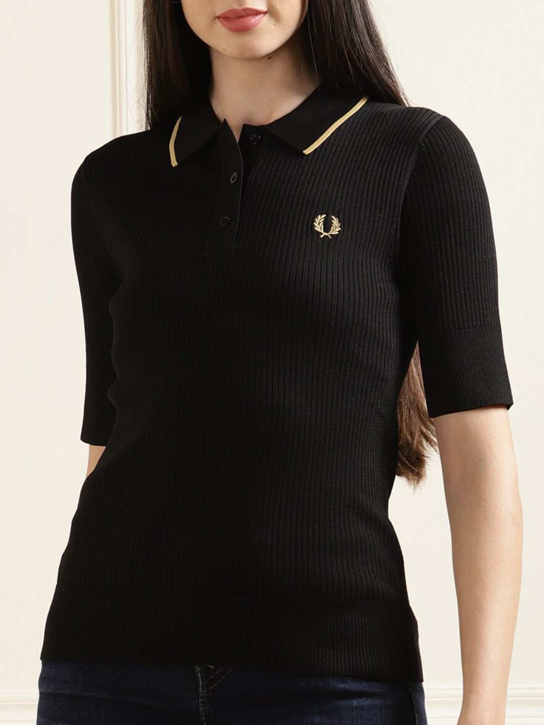 

Fred Perry Black & smoky black Mandarin Collar Shirt Style Top