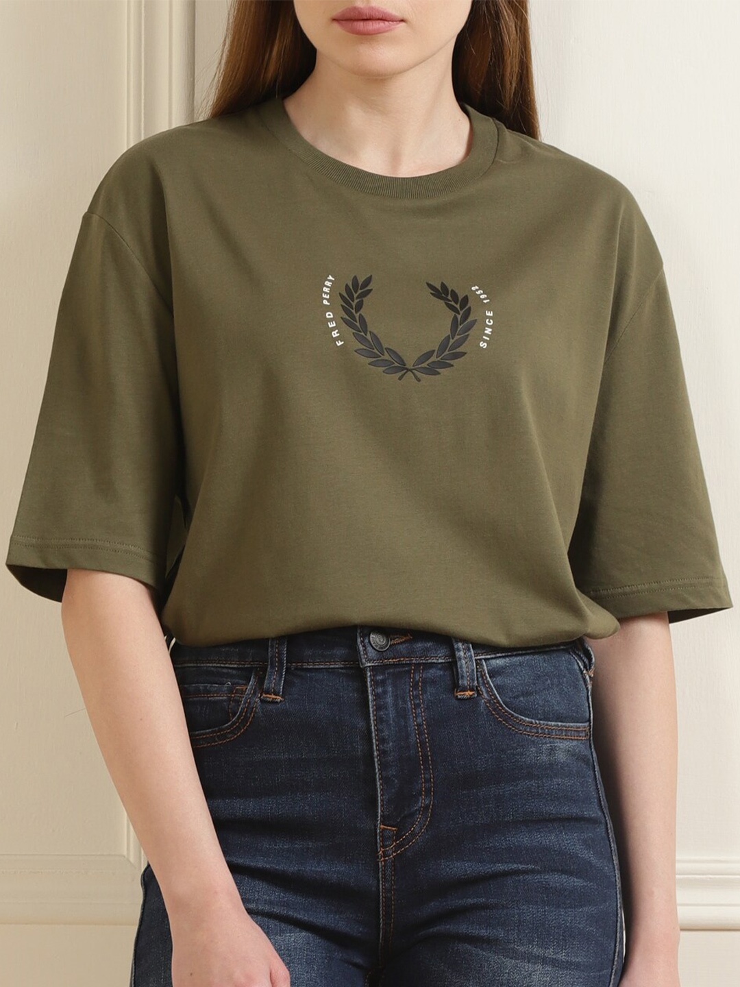 

Fred Perry Women Olive Green Printed Cotton T-shirt