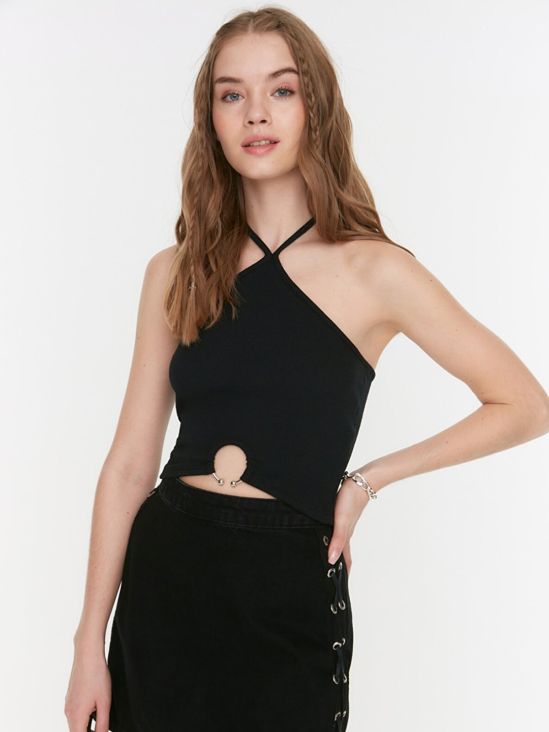 

Trendyol Women Black Halter Neck Crop Top with Cut-Out Detail