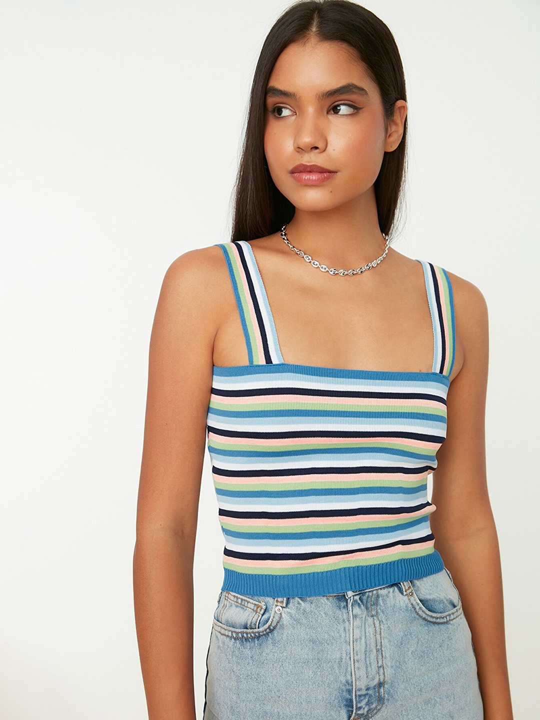 

Trendyol Women Blue & Green Striped Sleeveless Top