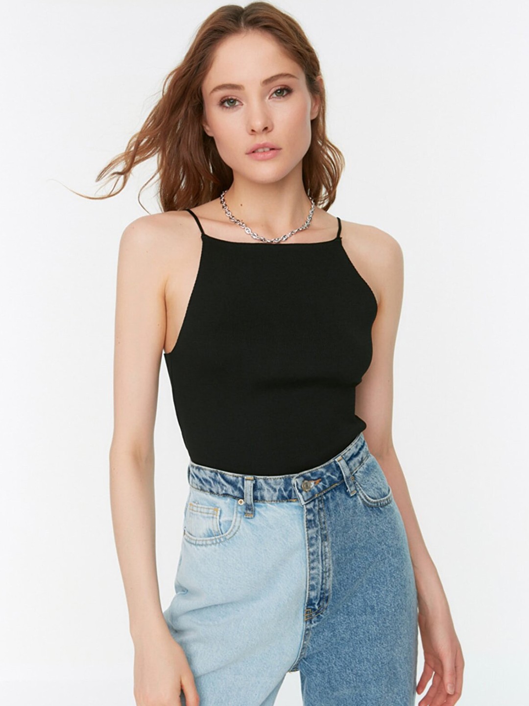 

Trendyol Black Solid Fitted Top