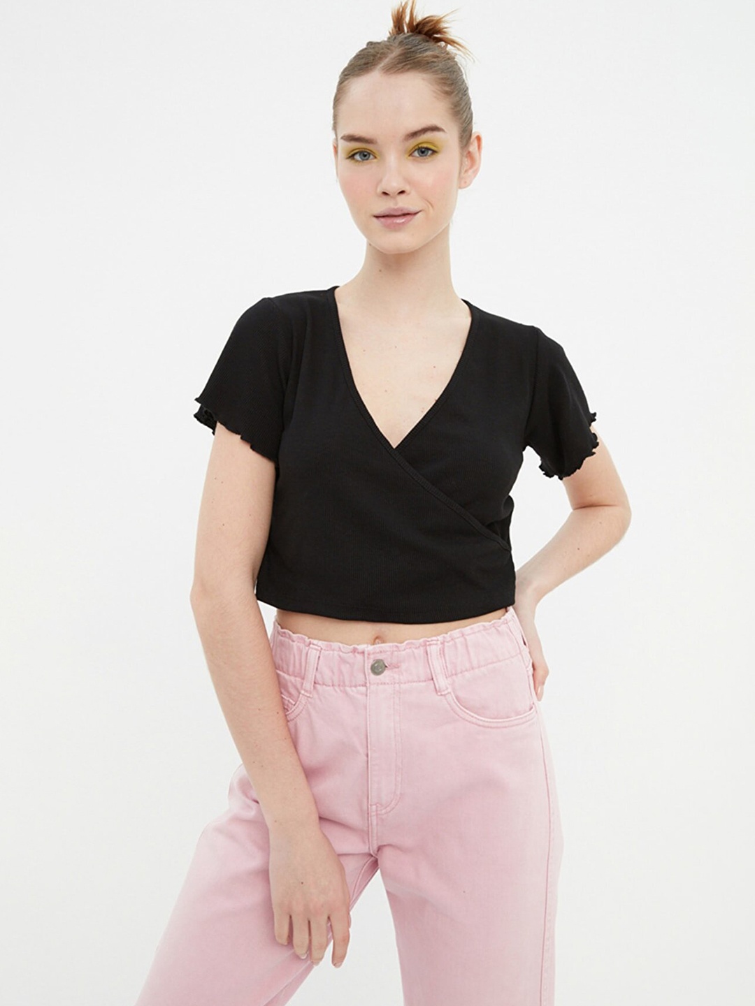 

Trendyol Women Black Wrap Solid Top with Lettuce Edge Sleeves