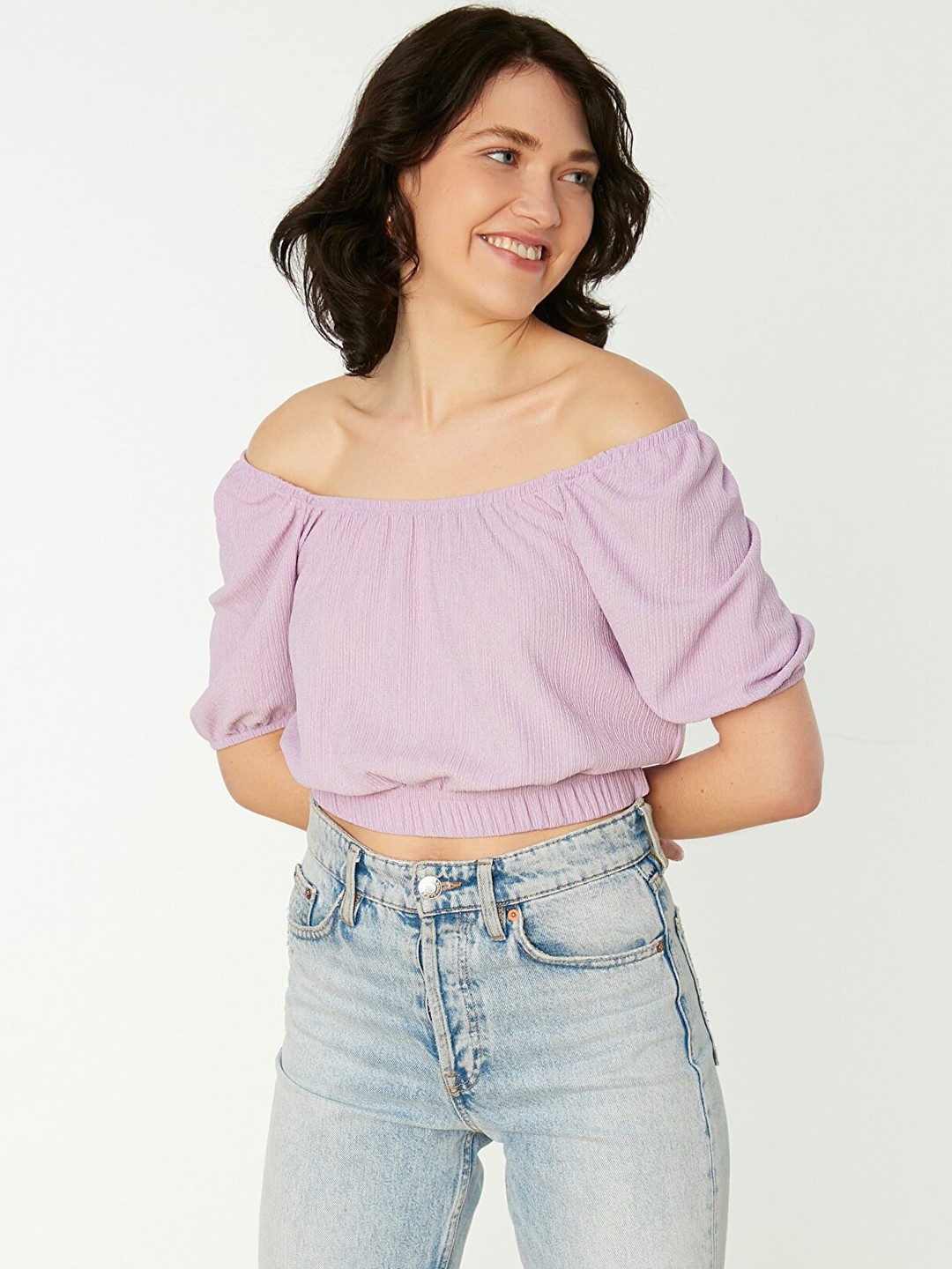 

Trendyol Women Lilac Solid Off-Shoulder Bardot Crop Top, Lavender