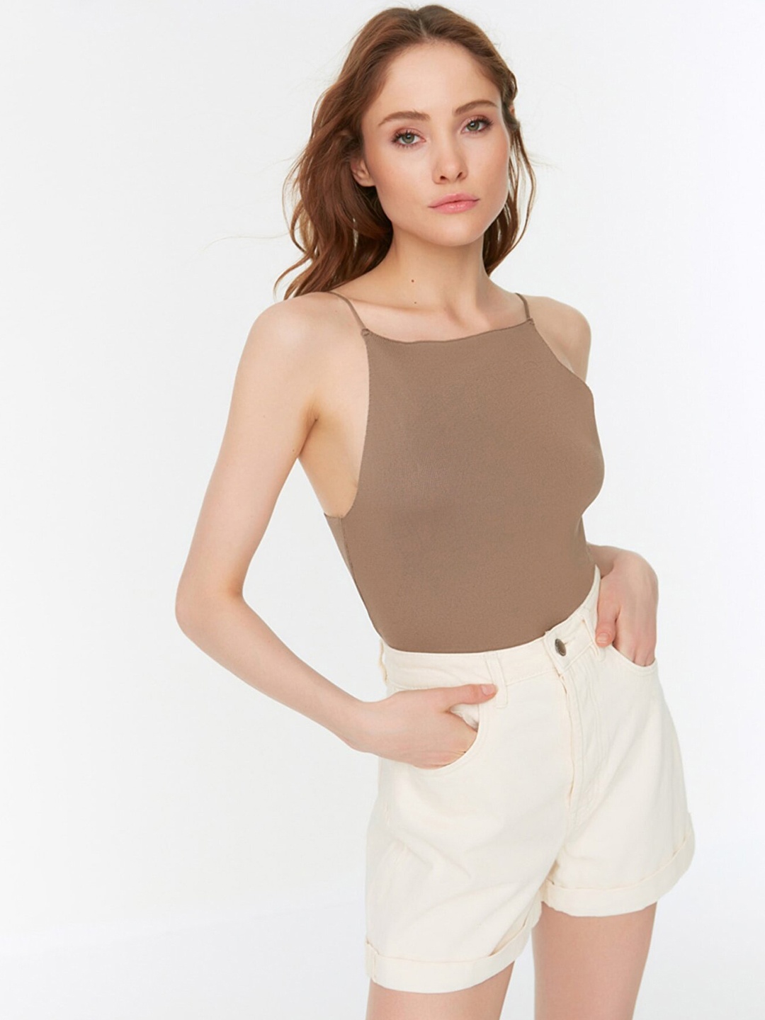

Trendyol Coffee Brown Solid Fitted Top