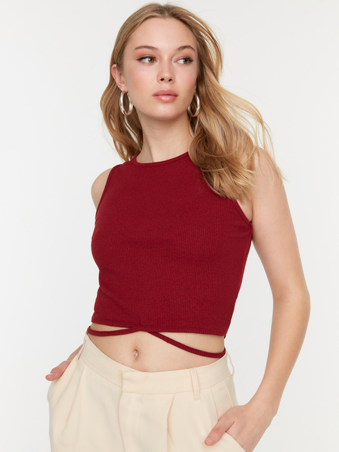 

Trendyol Women Burgundy Solid Crop Top