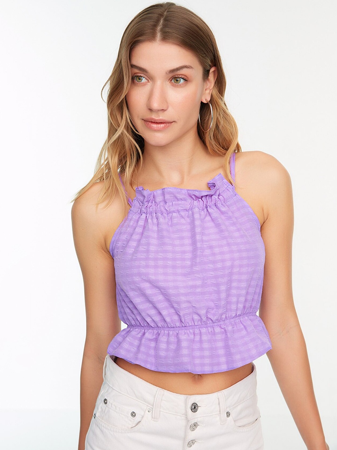 

Trendyol Lavender Striped Ruffles Crop Cinched Waist Top