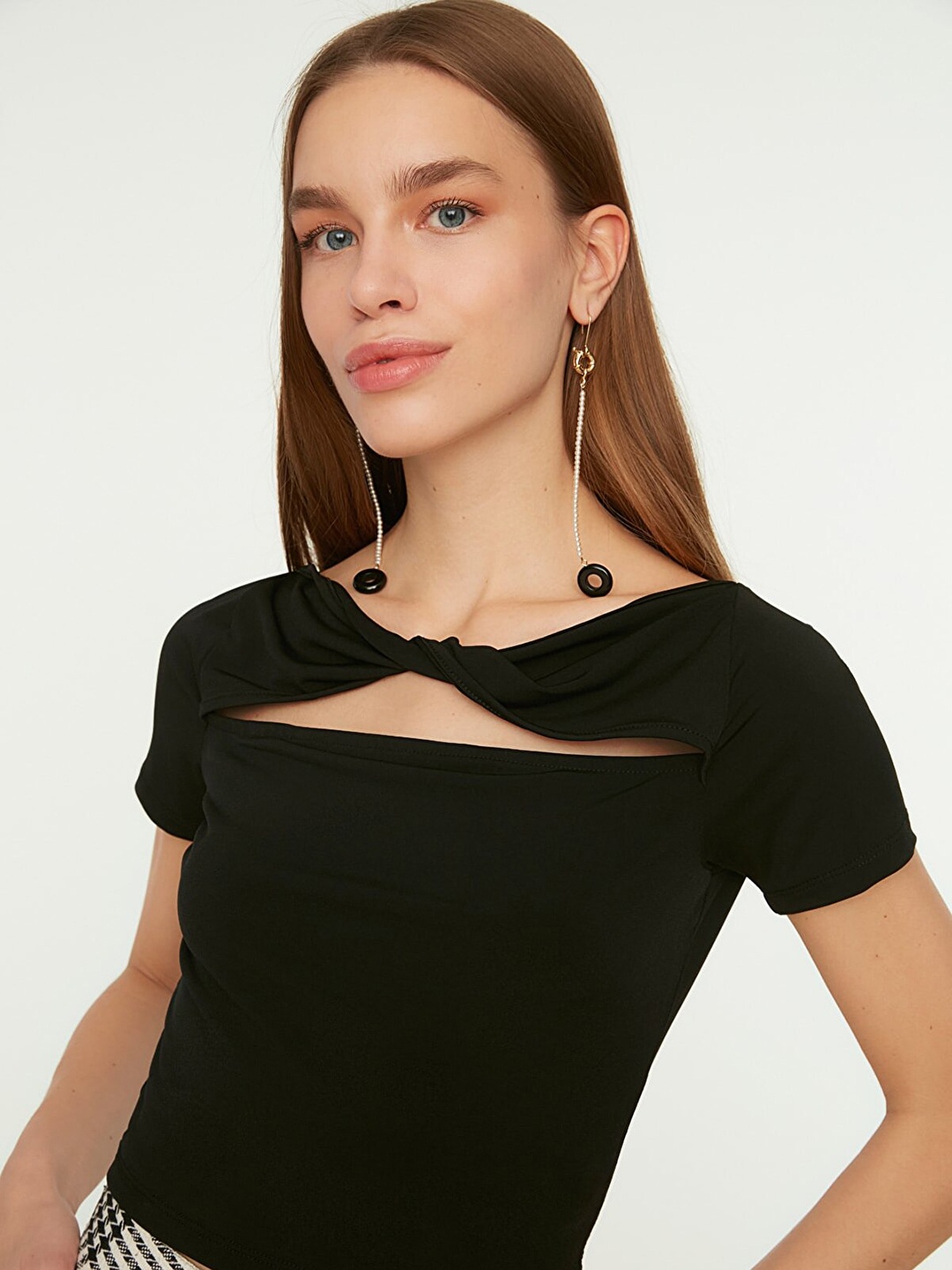 

Trendyol Women Black Solid Cut-Out Detail Top
