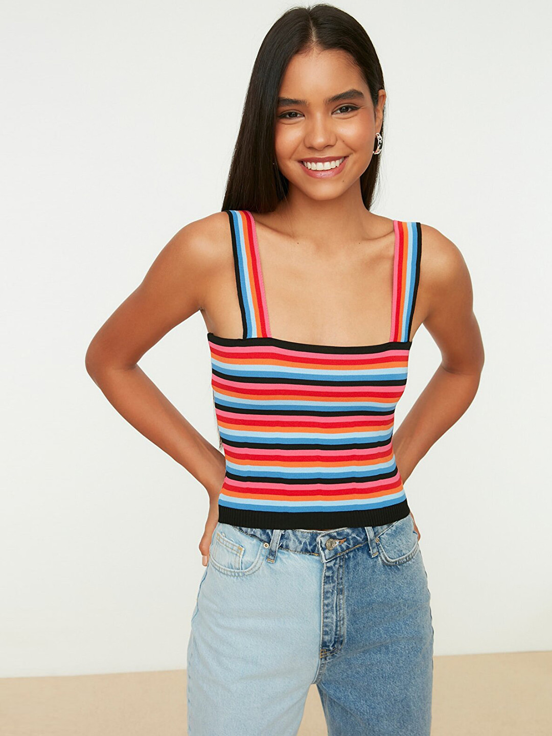 

Trendyol Black & Pink Striped Shoulder Straps Crop Knitted Top