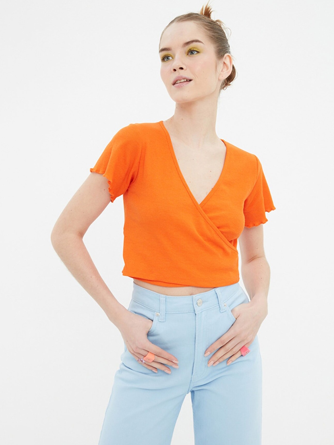 

Trendyol Women Orange Solid Wrap Top with Lettuce Edges