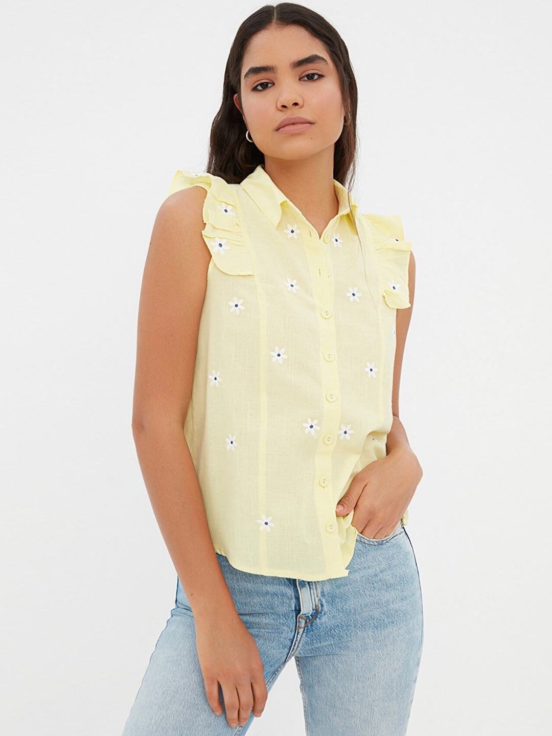 

Trendyol Women Yellow Floral Embroidered Ruffle Detail Casual Shirt