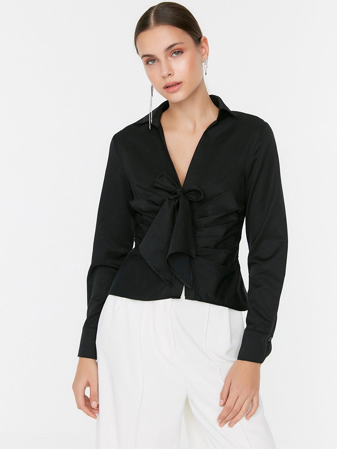 

Trendyol Women Black Solid Shirt Style Top with Tie-up