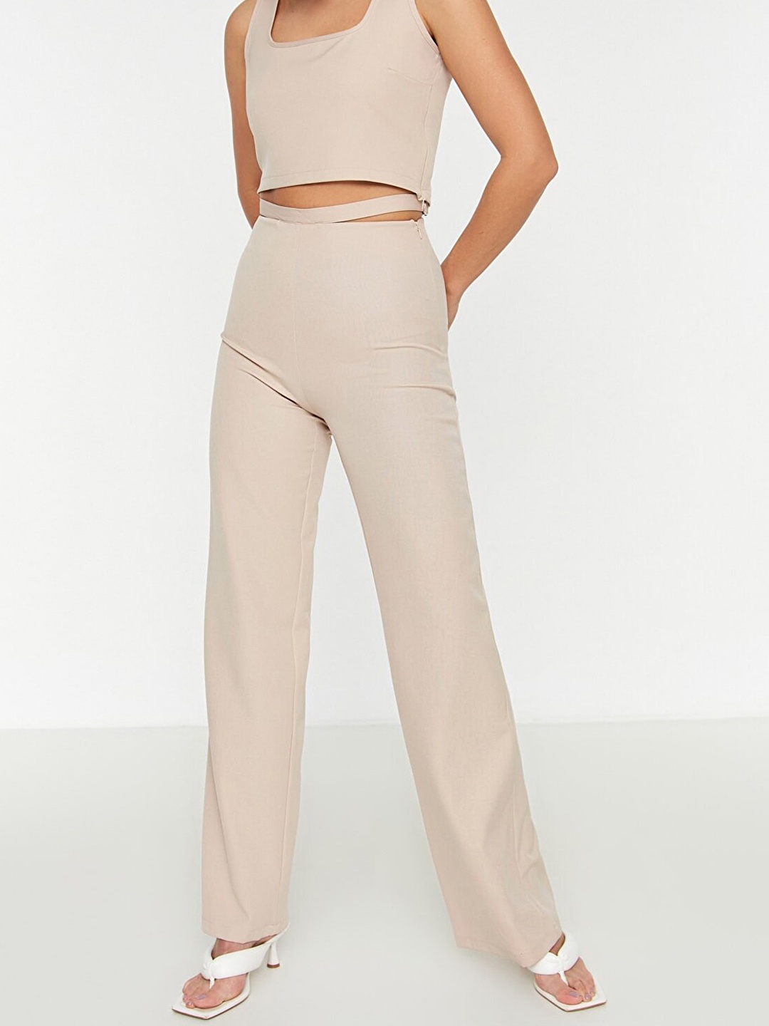 

Trendyol Women Beige High-Rise Trousers with Belt