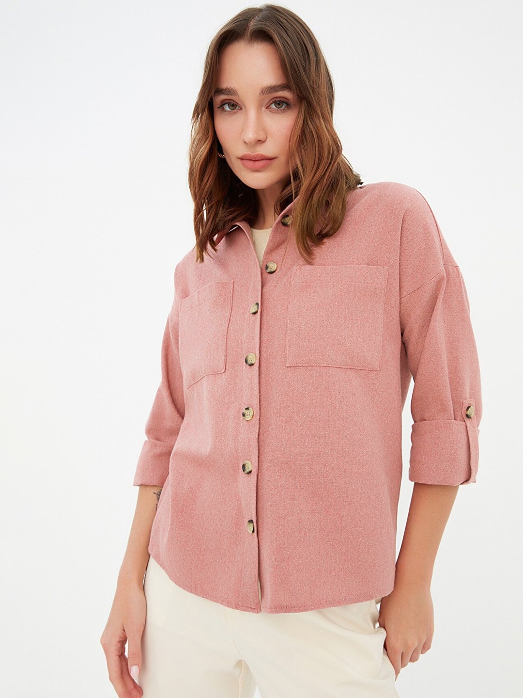 

Trendyol Women Pink Solid Pure Cotton Casual Shirt with Roll-up Sleeves