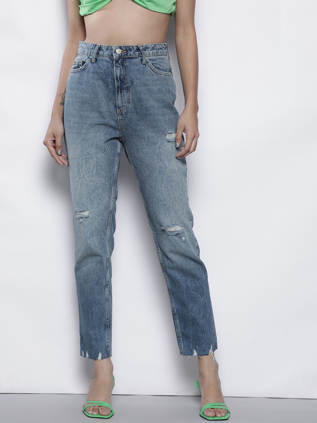 

Trendyol Women Blue Pure Cotton High-Rise Mildly Distressed Light Fade Stretchable Jeans