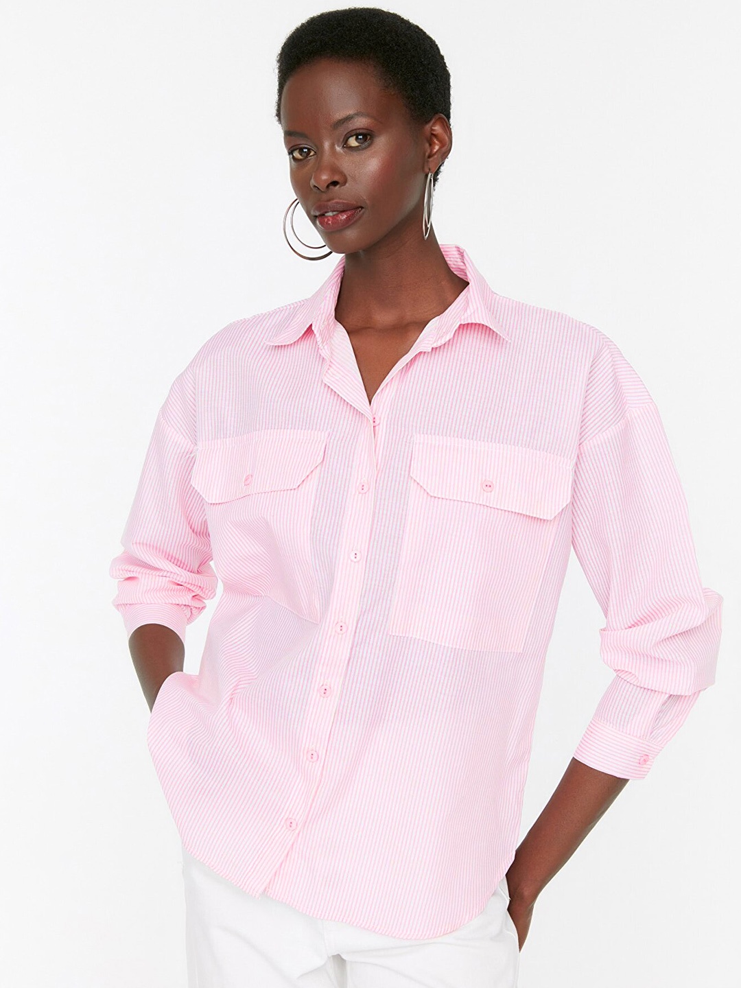 

Trendyol Women White & Pink Striped Casual Shirt