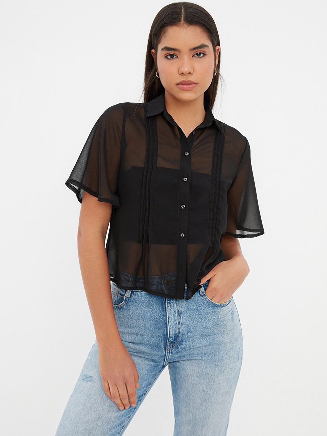 

Trendyol Women Black Pintucks Sheer Casual Shirt