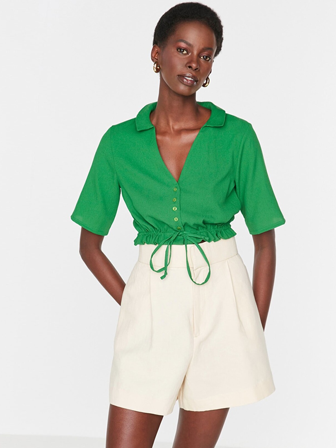 

Trendyol Green Solid Crop Blouson Top