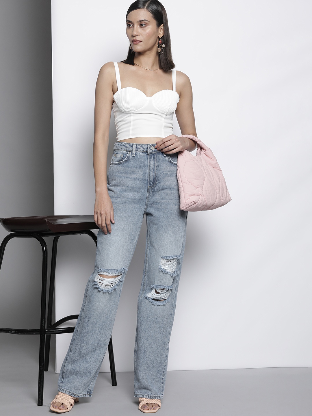 

Trendyol Women Blue Wide Leg High-Rise Mildly Distressed Light Fade Jeans
