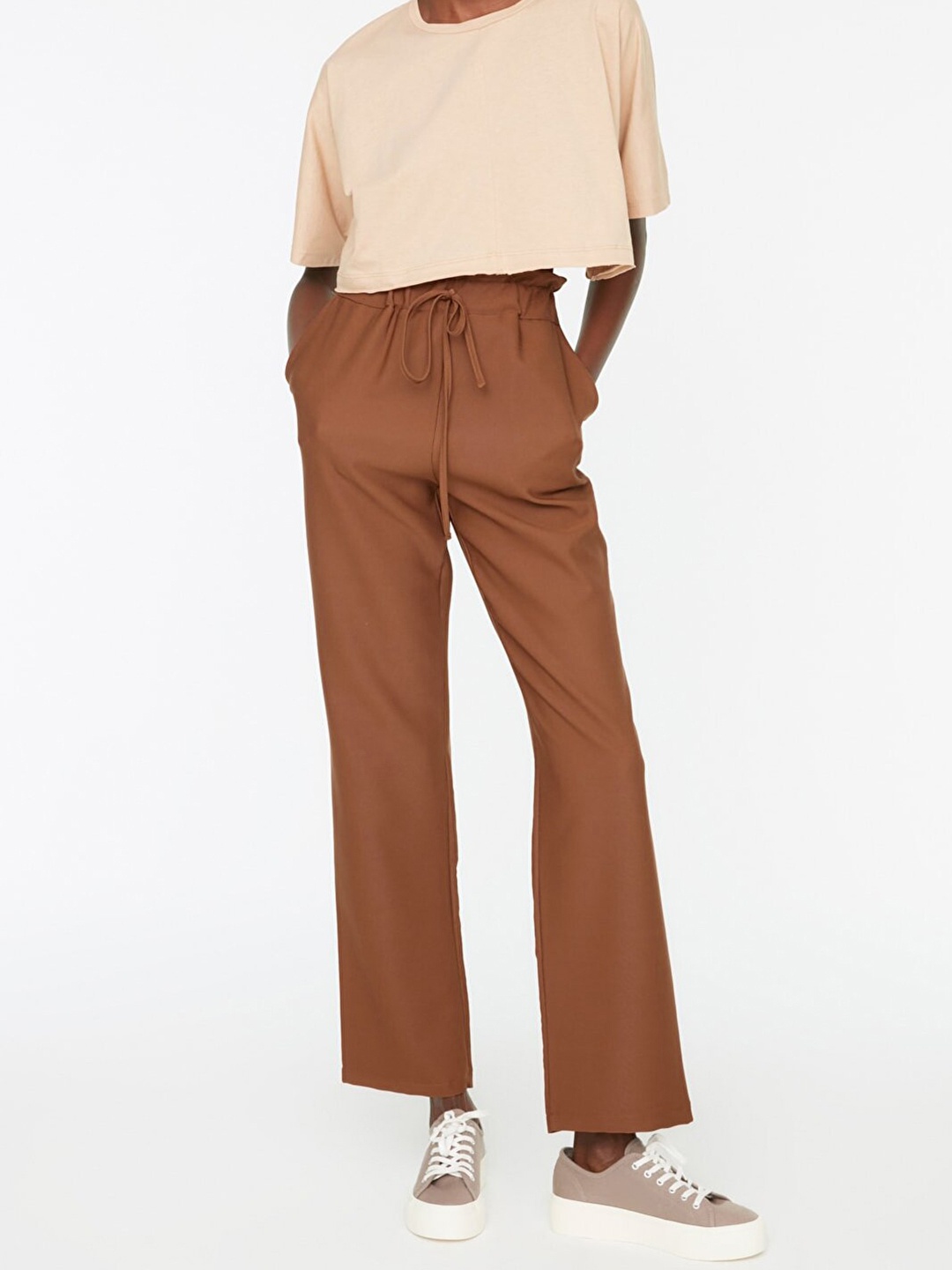 

Trendyol Women Brown Straight Fit High-Rise Pleated Trousers