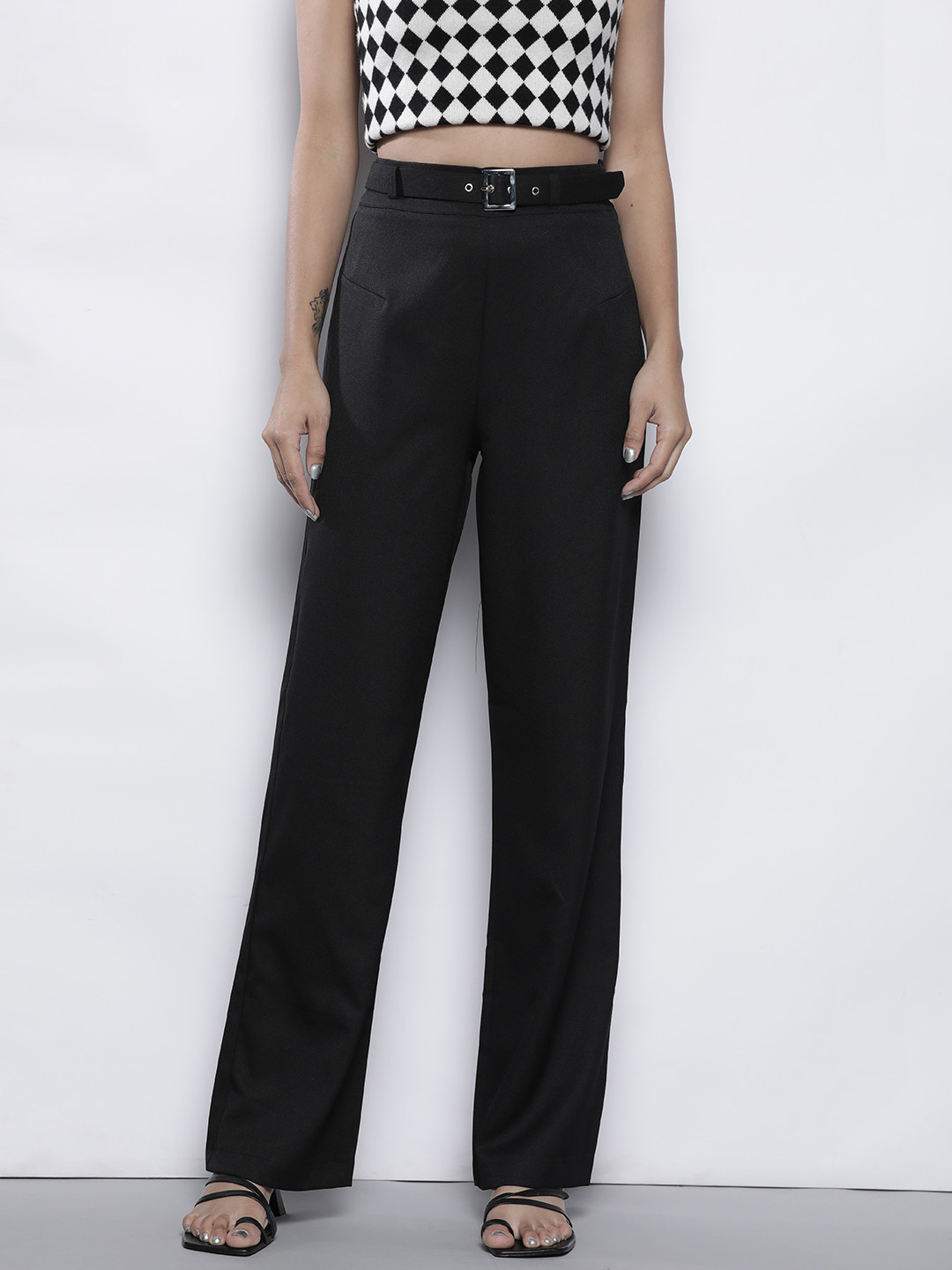 

Trendyol Women Black Solid High-Rise Trousers with A Belt