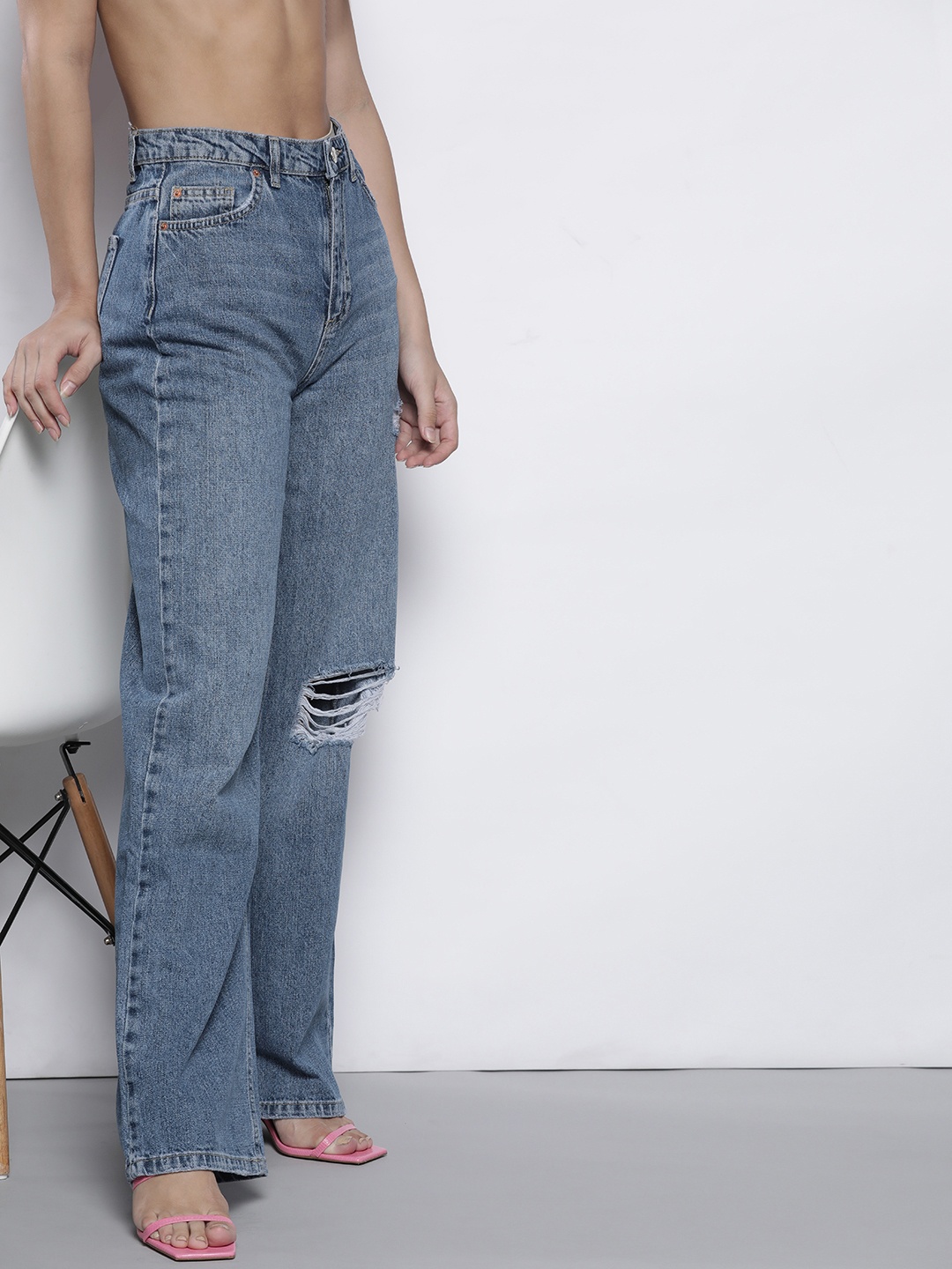 

Trendyol Women Blue Wide Leg High-Rise Mildly Distressed Jeans