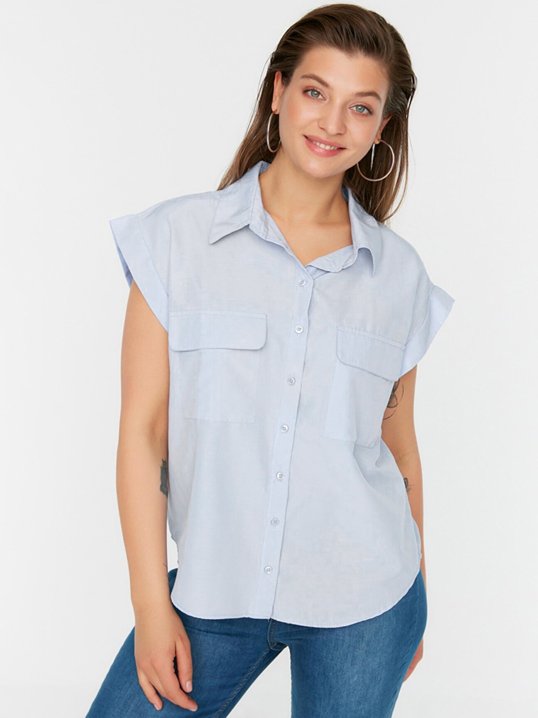 

Trendyol Women Blue Solid Casual Shirt