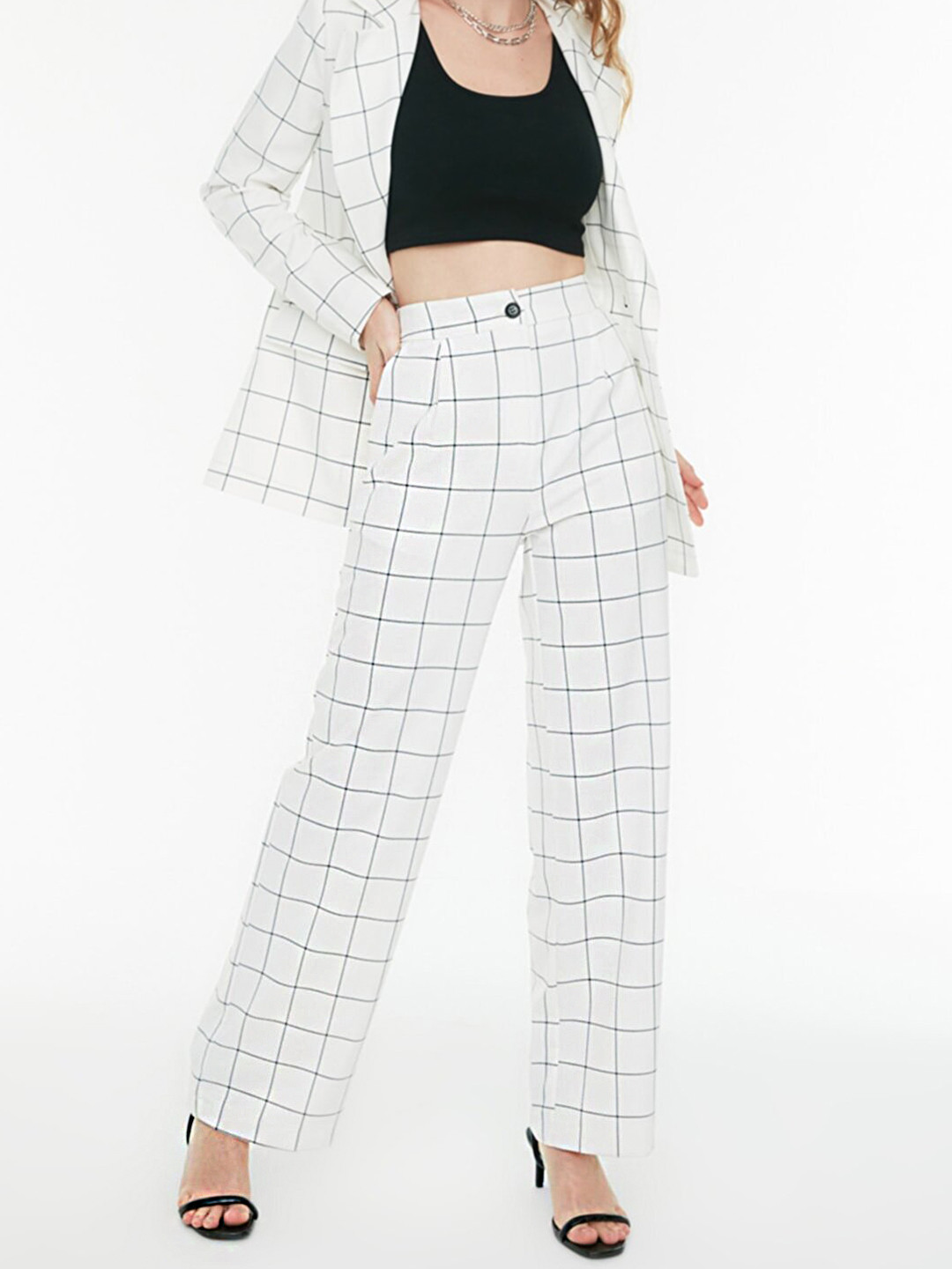 

Trendyol Women Off White Checked High-Rise Trousers